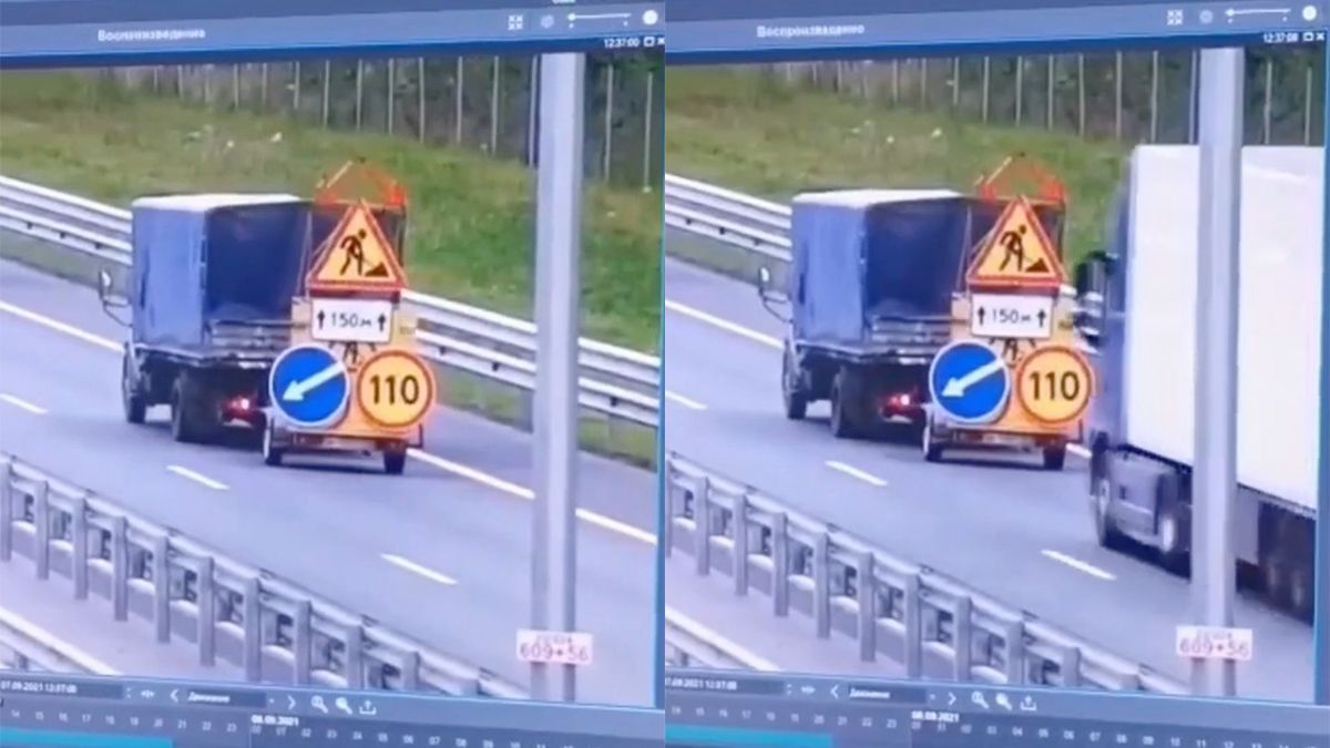 Vrachtwagen in Rusland ziet net geplaatste tijdelijke wegversperring niet
