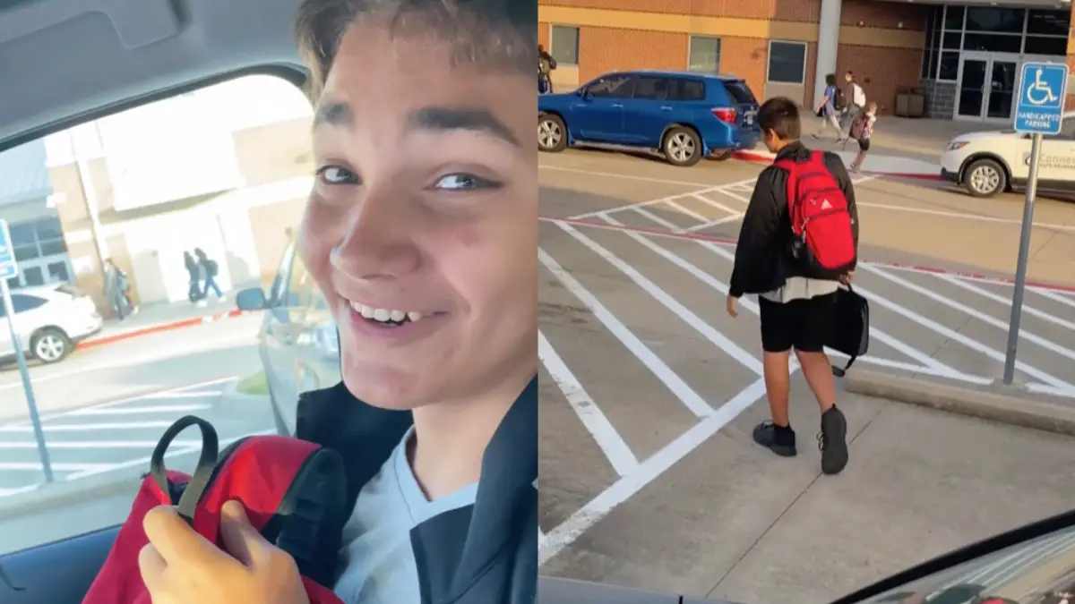 Moeder heeft nog een boodschap voor haar zoon tijdens het afzetten bij school