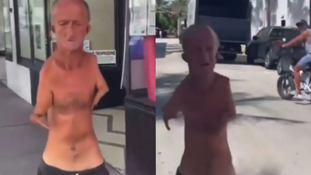 Man zonder armen en met schaar tussen zijn tenen in de achtervolging