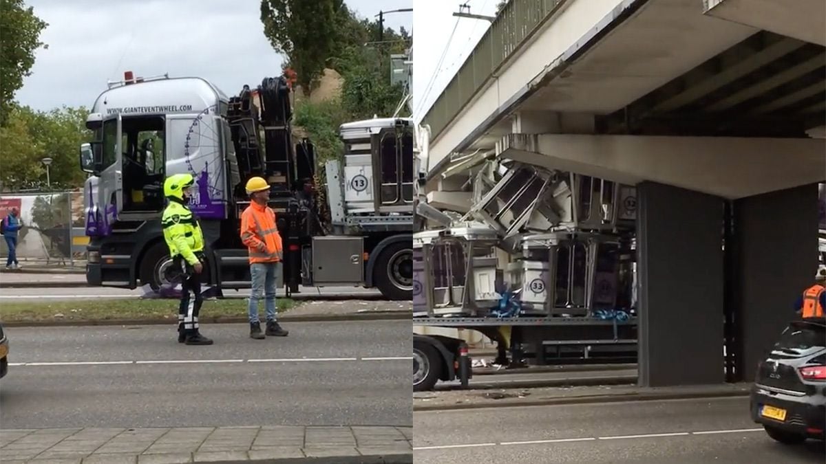 Vrachtwagen vol reuzenrad-karretjes voor kermis Leiden tegen viaduct geknald