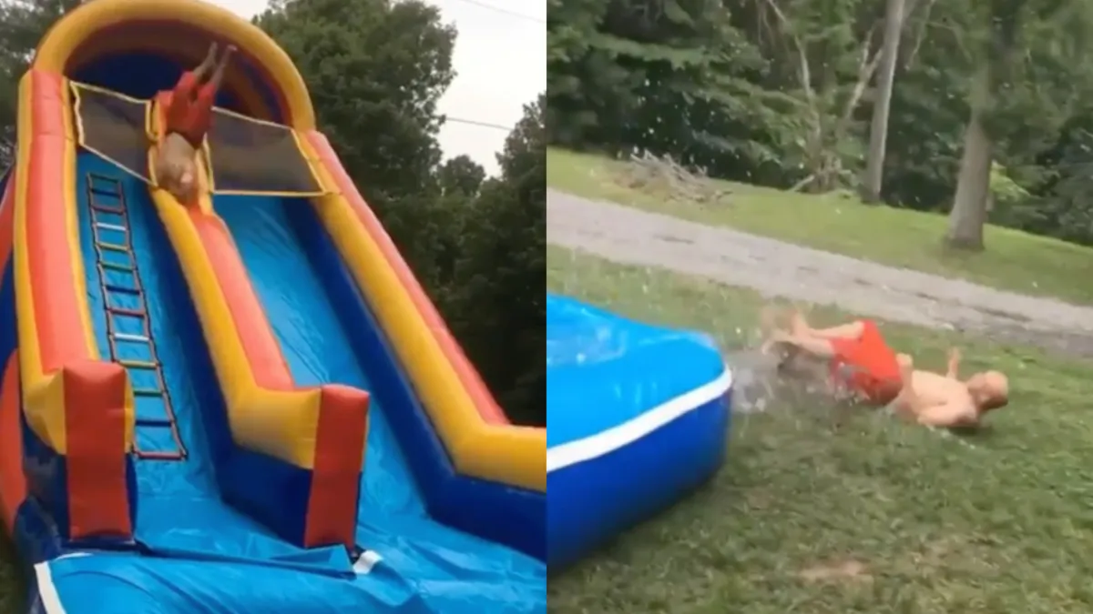 Als man van middelbare leeftijd van een opblaas glijbaan donderen