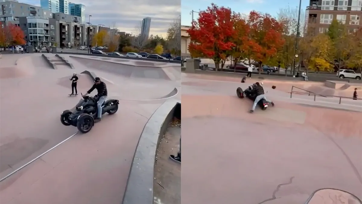 Alles wat fout kan gaan gaat fout met driewieler motor op skatebaan