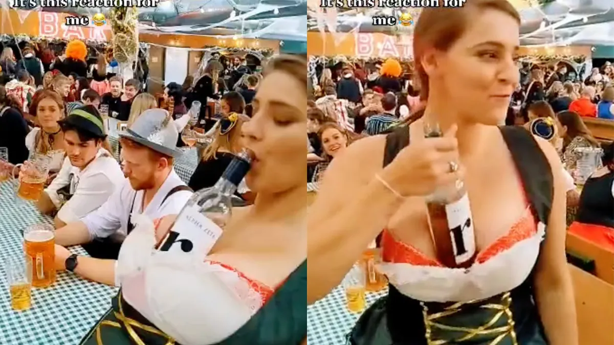 Dame op Oktoberfest kan drankje drinken zonder handen