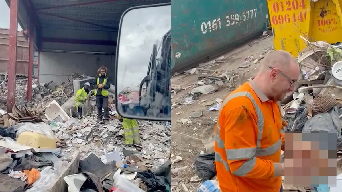 Mannen van een recyclebedrijf vinden speeltje en één man gaat gelijk recyclen
