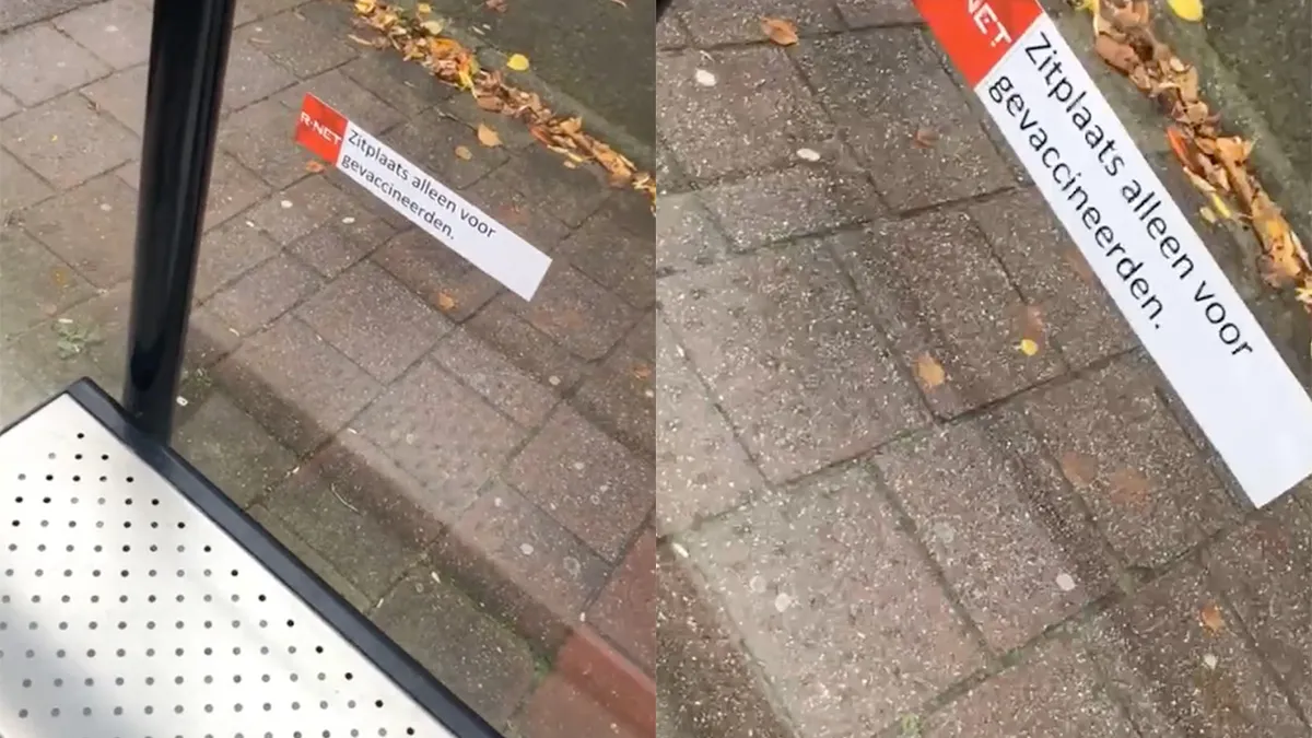 Ondertussen in bushokjes in Hellevoetsluis: 'Zitplaats alleen voor gevaccineerden'