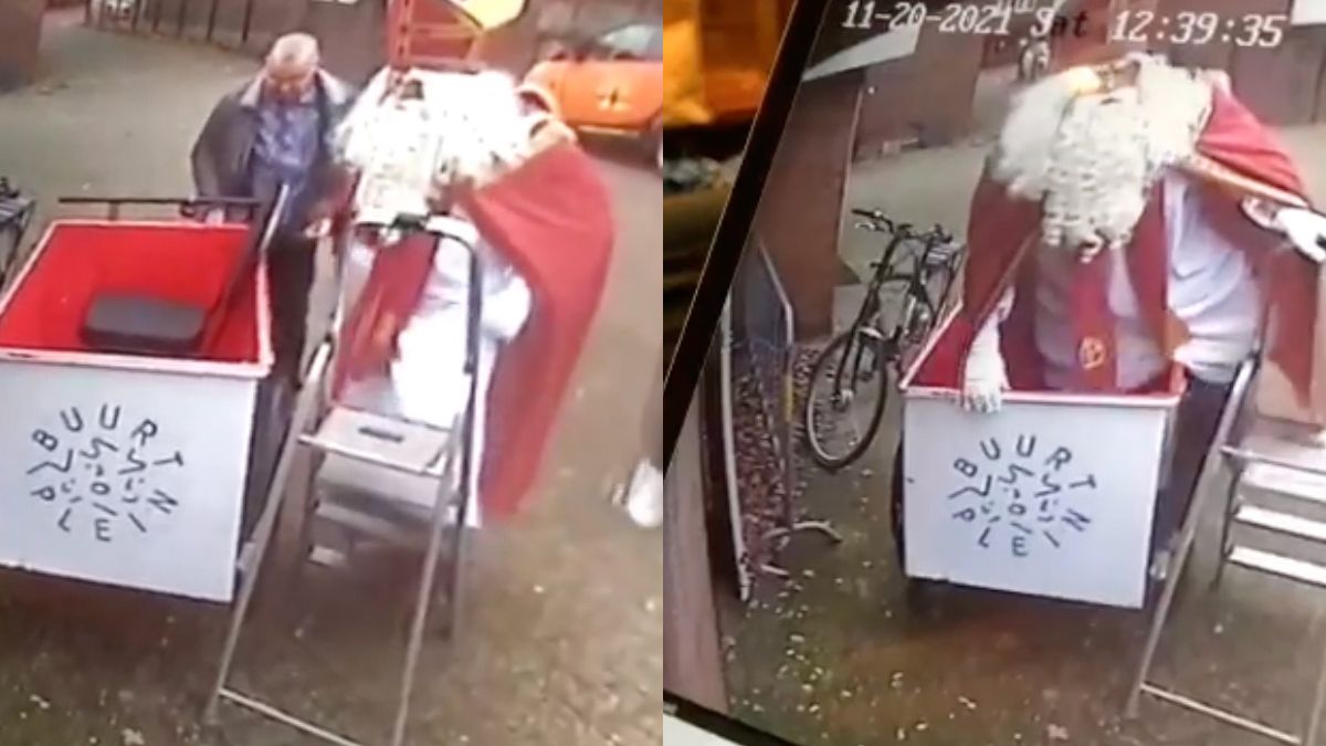 Sinterklaas gaat keihard op zijn plaat tijdens instappen bakfiets