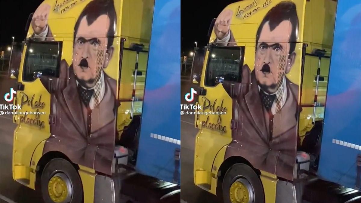 Vrachtwagenchauffeur rijdt met tekening van Hitler op zijn truck rond