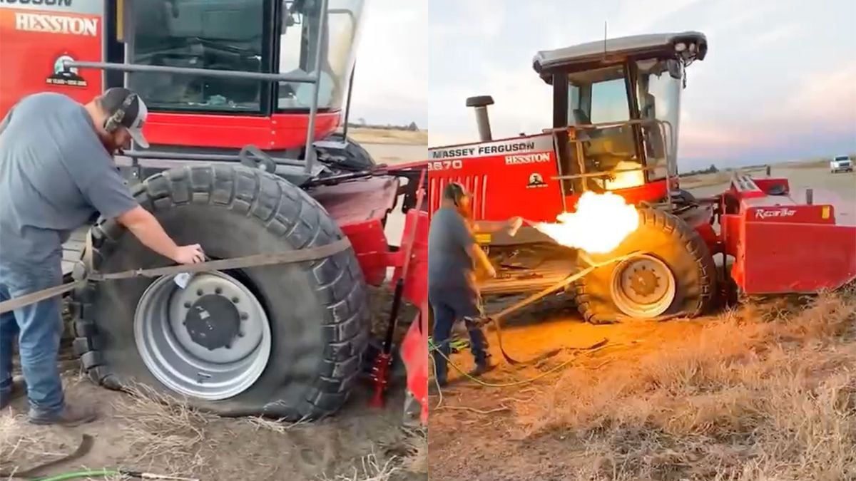 Lekke band van landbouwvoertuig fiksen met vuur