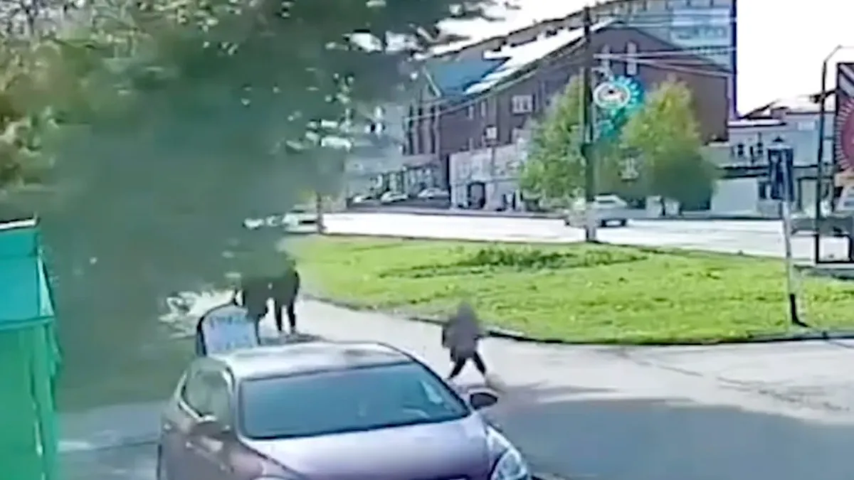 Meisje huppelt vrolijk weg als boom op mensen valt