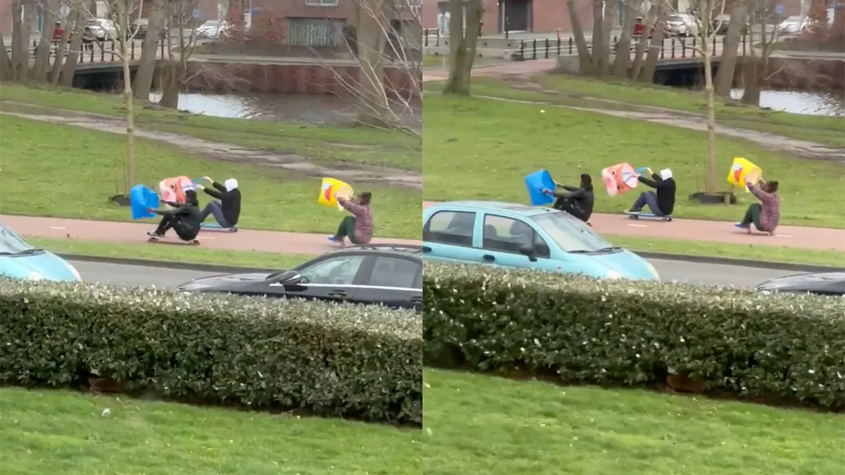 Een soort van vliegeren met je skateboard tijdens storm Eunice