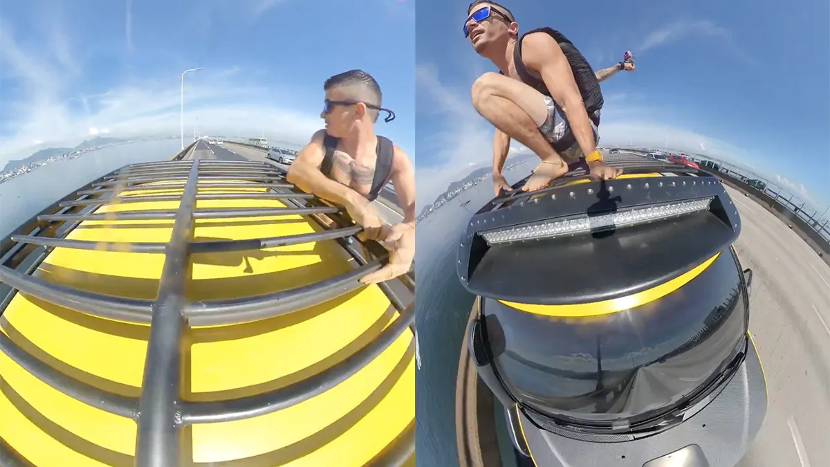 Man doet basejump vanuit rijdende auto op de Braziliaanse Rio-Niteróibrug