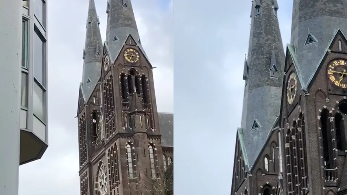 Ondertussen door storm Eunice in Den Haag: 'Hey kerk, je toren danst'