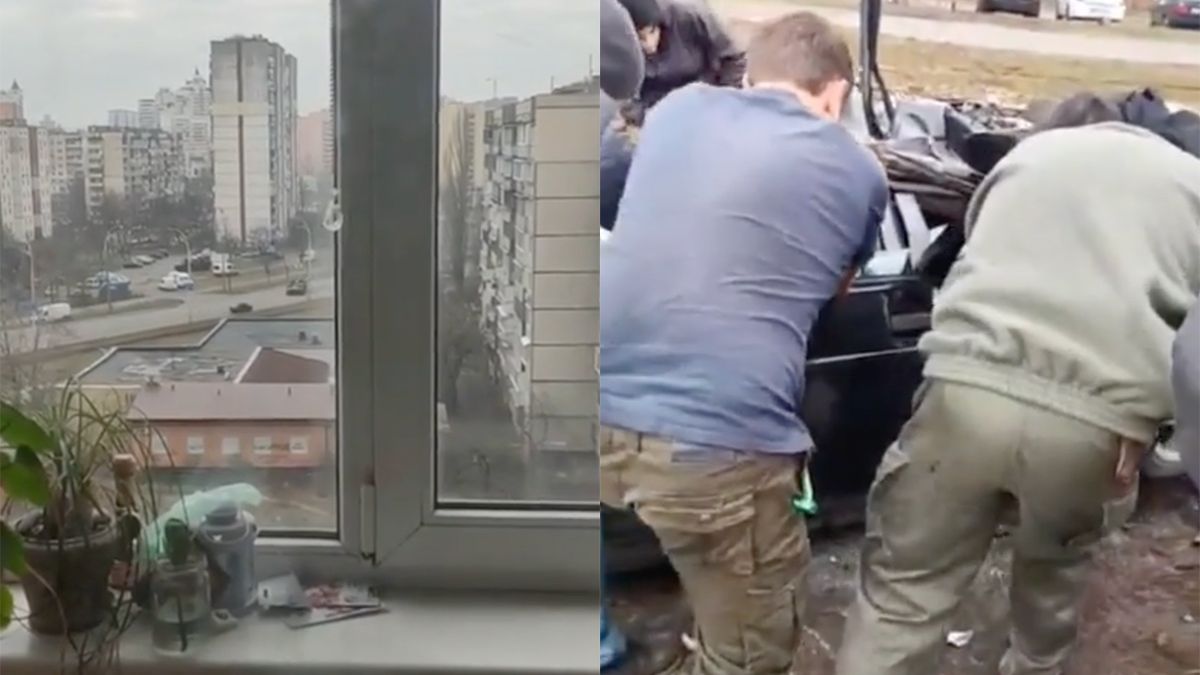 Ondertussen in Kiev: Russische tank rijdt over auto, maar Oekraïner kan het na vertellen