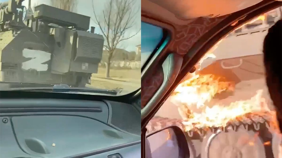 Ballen van staal: Oekraïeners gooien vanuit rijdende auto molotovcocktails op Russische tanks