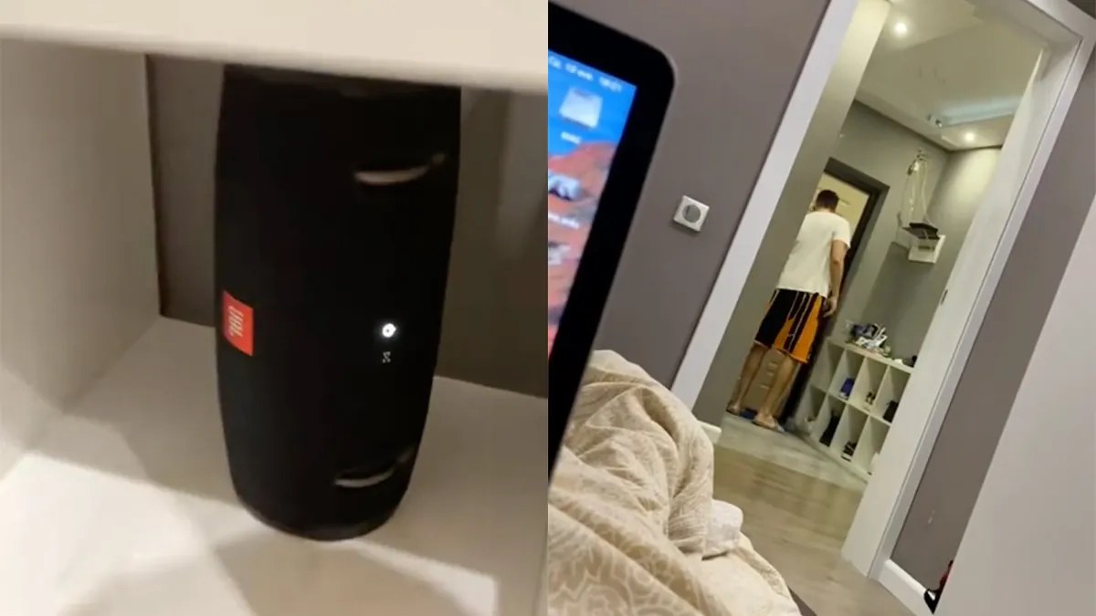 Iemand helemaal gek maken met een draadloze speaker en geklop op de deur