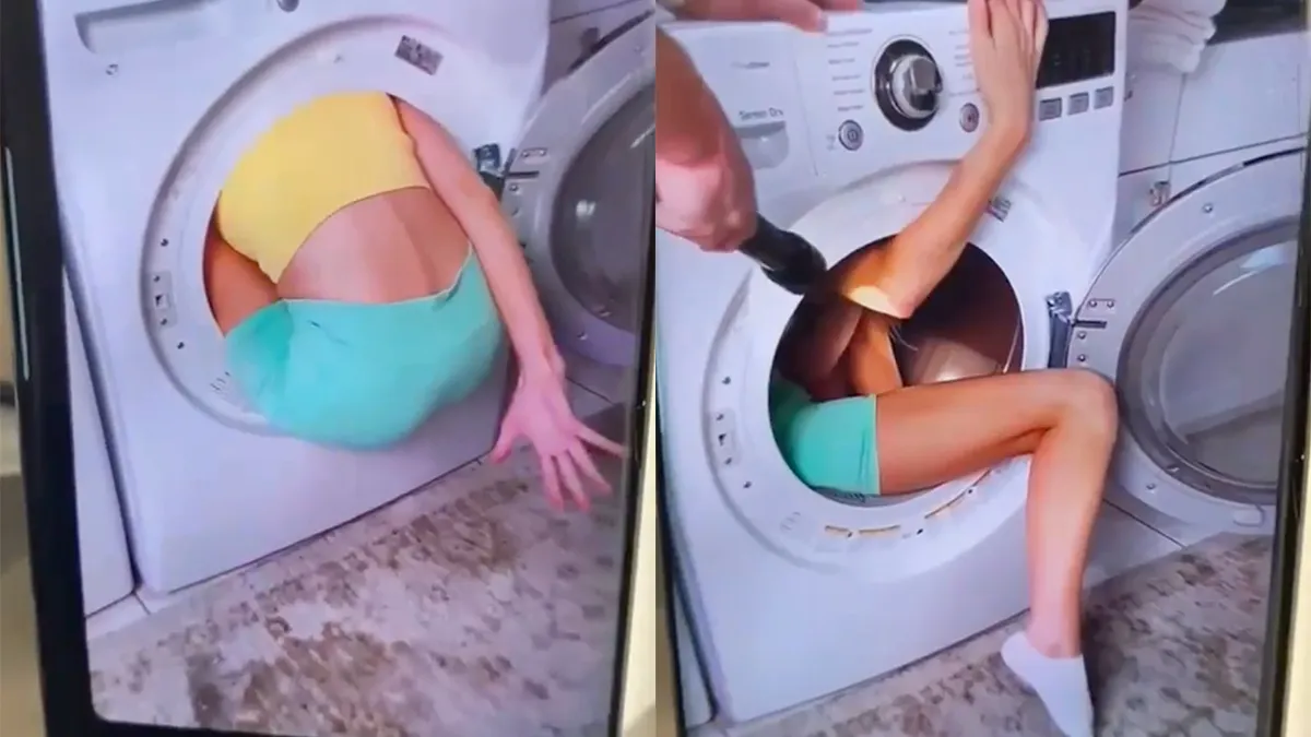 Zoals veel natuurfilms beginnen: Vrouw zit vast in de wasmachine