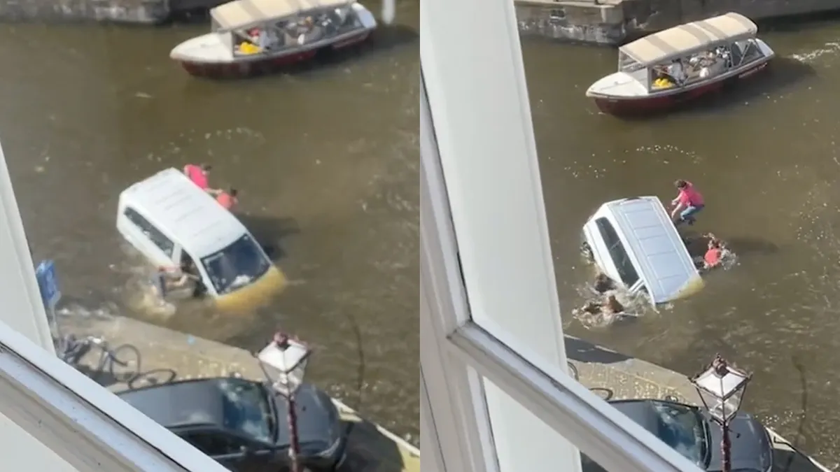 Busje met negen inzittenden ging zwemmen in Prinsengracht in Amsterdam