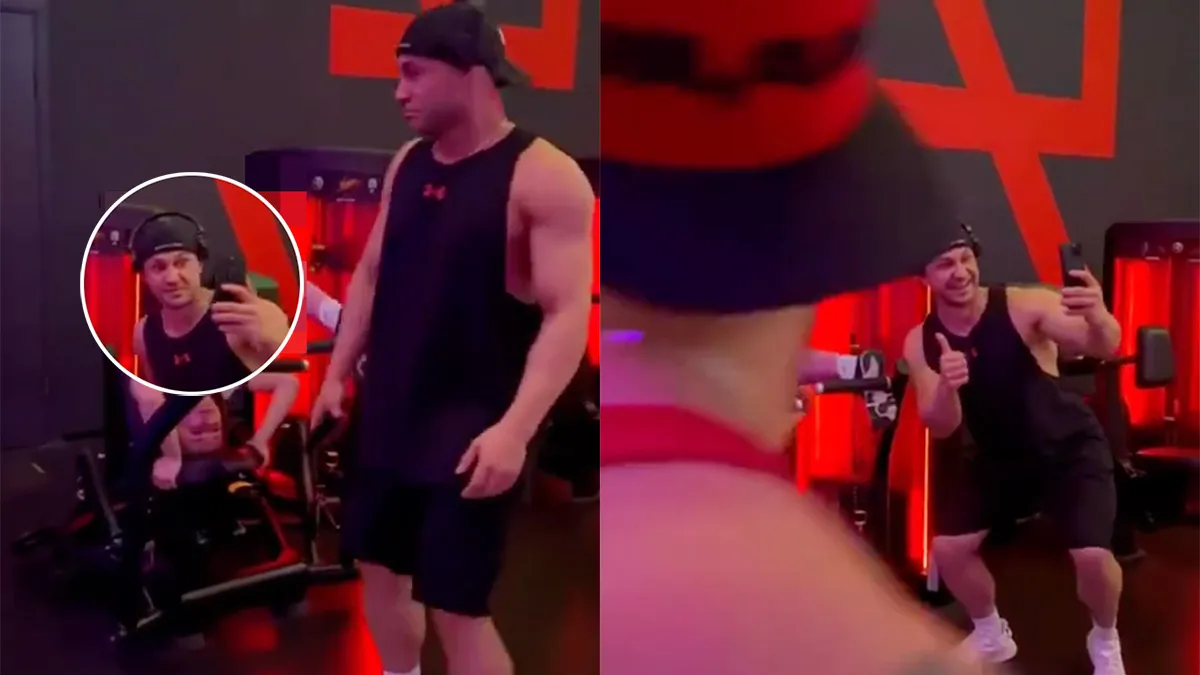 Dame werkt zich in het zweet in de sportschool, mannen leggen moment vast met selfie
