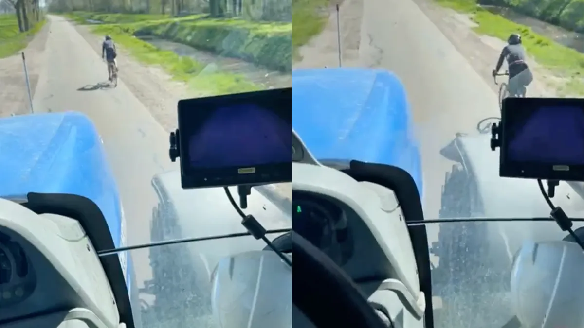 Gewoon een 'prima' manier hoe je met een trekker een wielrenner in kan halen
