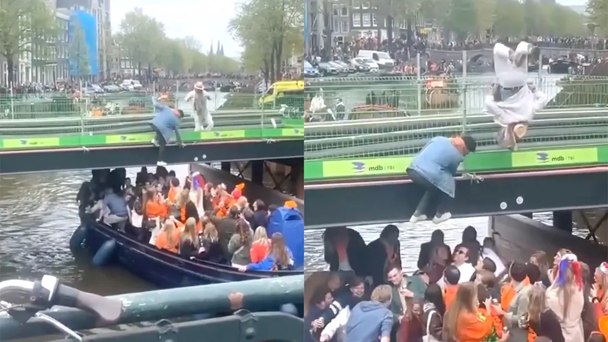 Ondertussen tijdens Koningsdag: Van brug op boot springen gaat ook weleens fout