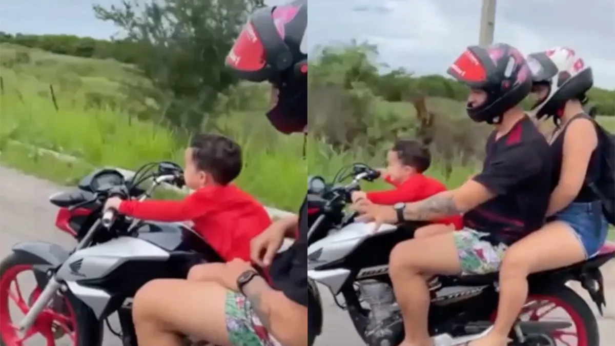 Papa en mama zitten veilig op de motor, maar de chauffeur niet zo