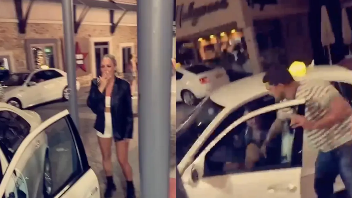 Dame vindt het een goed idee om in taxi te zitten, chauffeur duidelijk niet