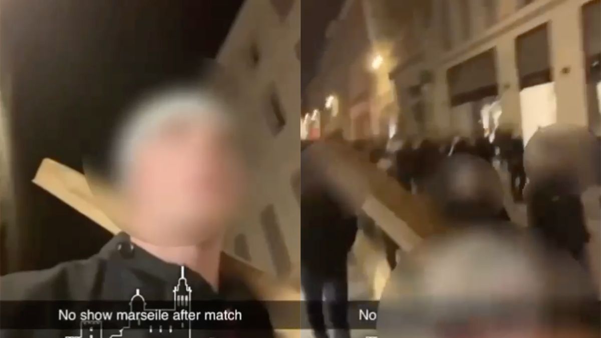 Feyenoord supporters na de wedstrijd fluitend op zoek naar Marseille hooligans