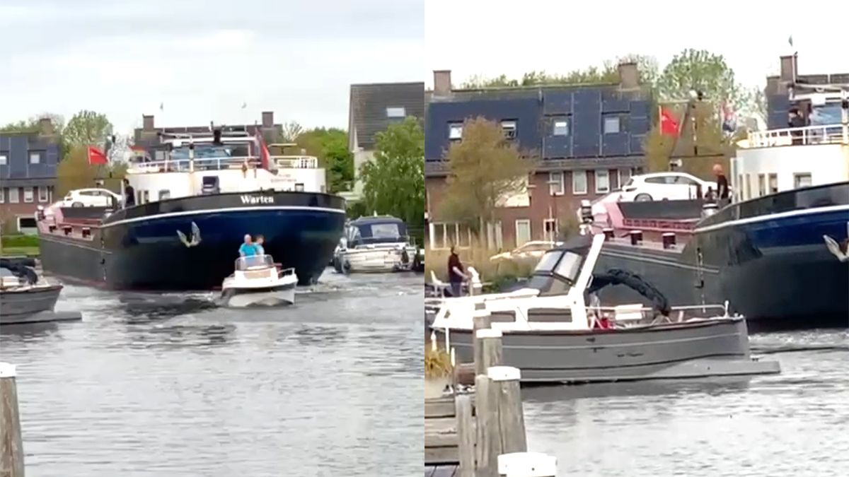 Meer beelden van vrachtschip wat ravage heeft gemaakt in woonwijk in Leeuwarden