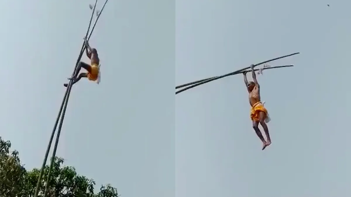 Stok breekt en daarom komt acrobatische man hard naar beneden