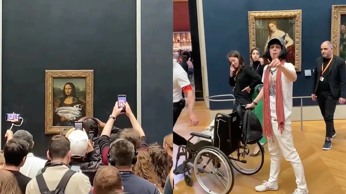 Zien: Man verkleed als oude vrouw besmeurt Mona Lisa met taart