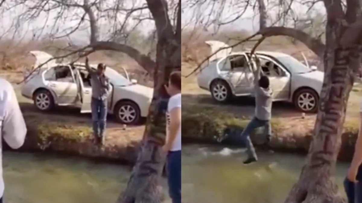 Zuid-Amerikaanse Tarzan doet een poging om riviertje over te steken