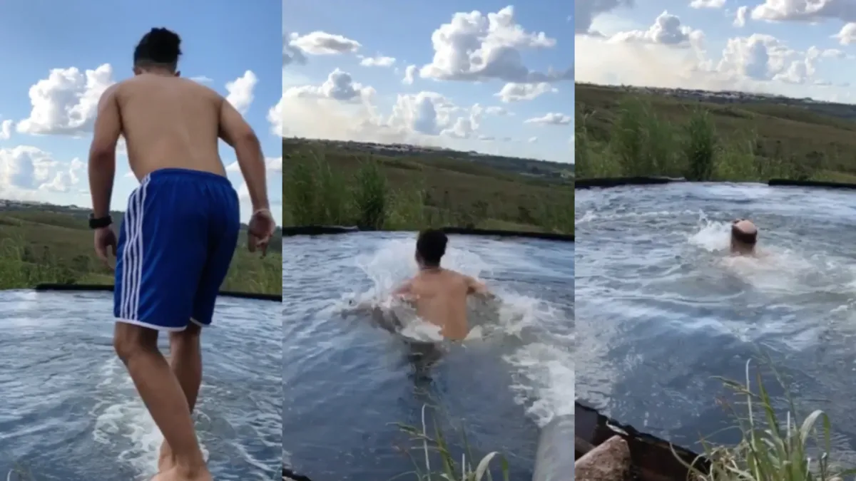Collega springt in het water en is toupet kwijt