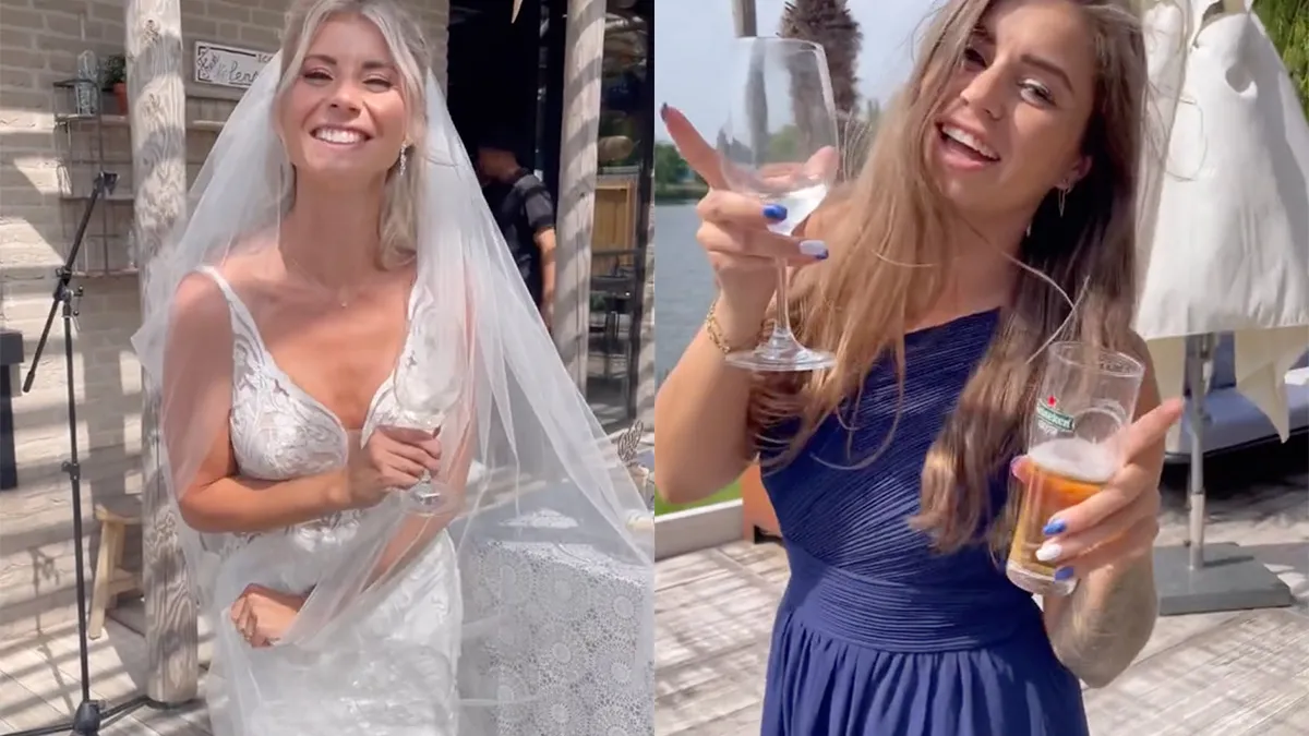 Eerste drankje vs laatste drankje op dit huwelijksfeest is ook hilarisch