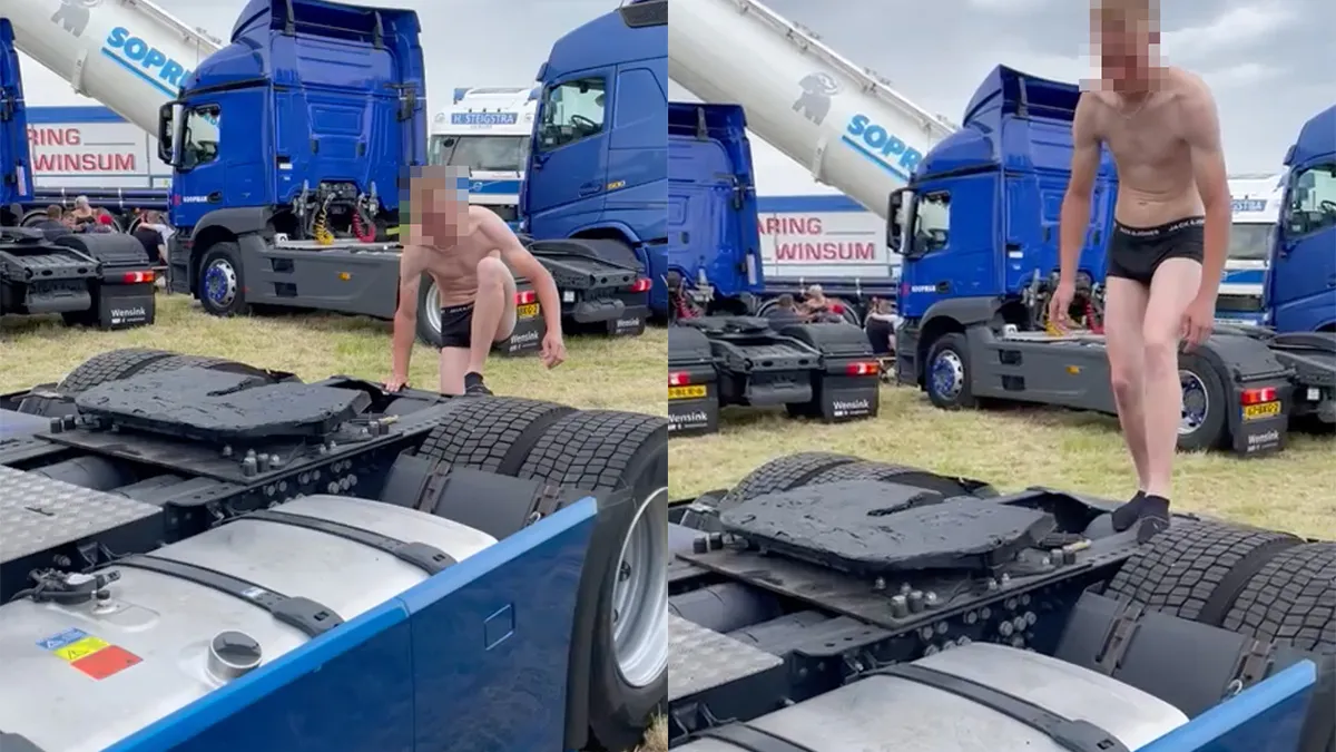 Ondertussen op Truckshow Ulrum: Weddenschap blote bips op koppelschotel zitten