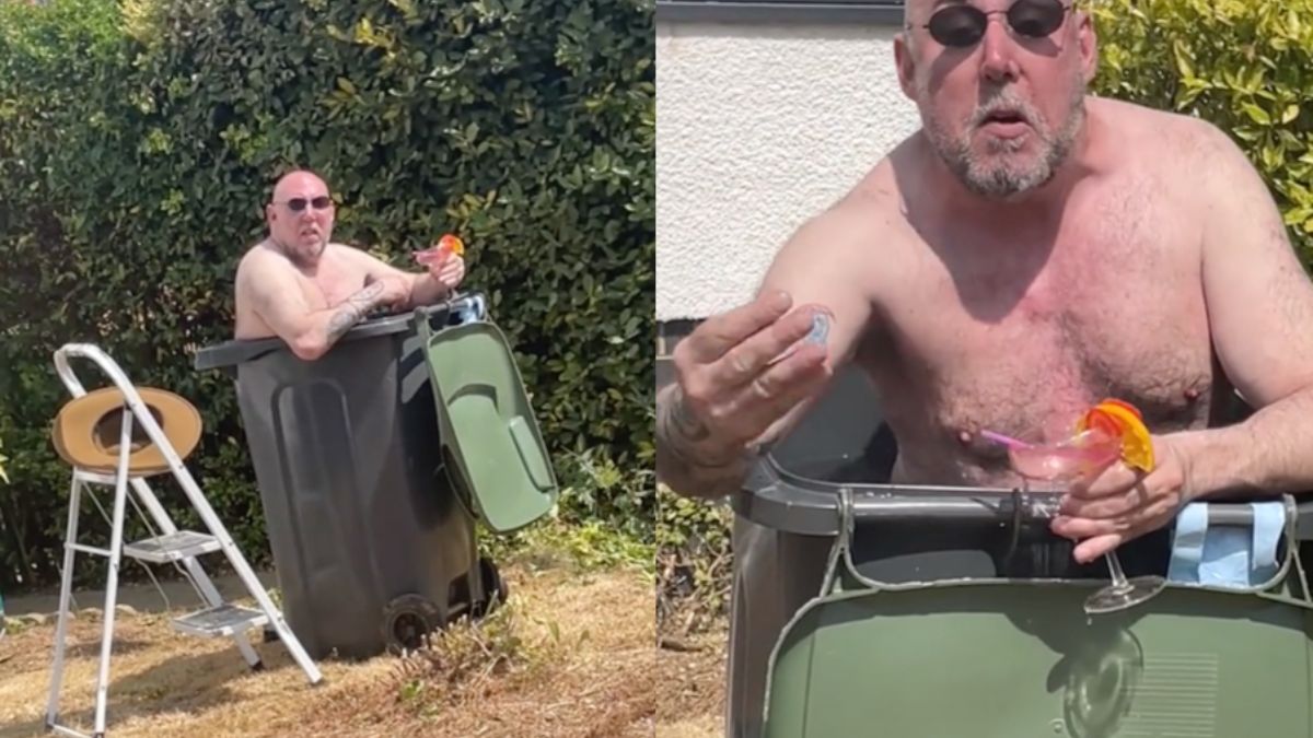 Warmte is Engelsman in vuilnisbak met water en cocktail zijn hand een beetje te veel geworden