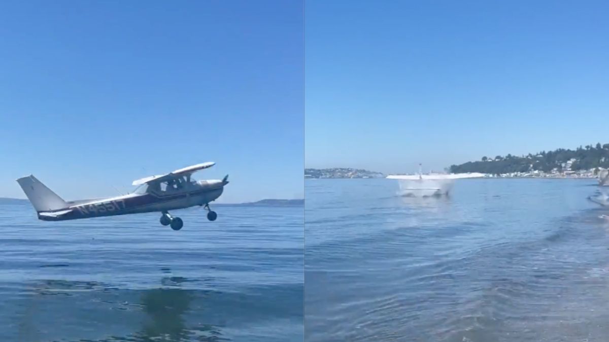 Piloot vliegt het water in bij Alki Beach in Seattle