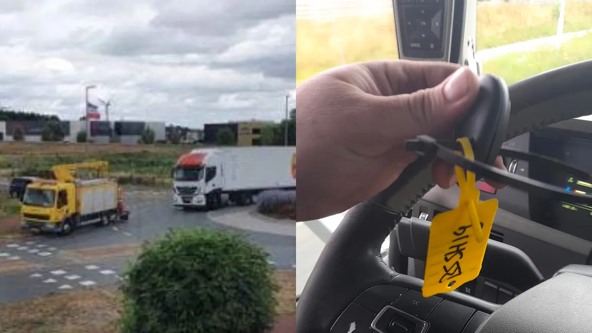 Iemand wil vlaggen weghalen, chauffeur pakt sleutel en rijdt verder