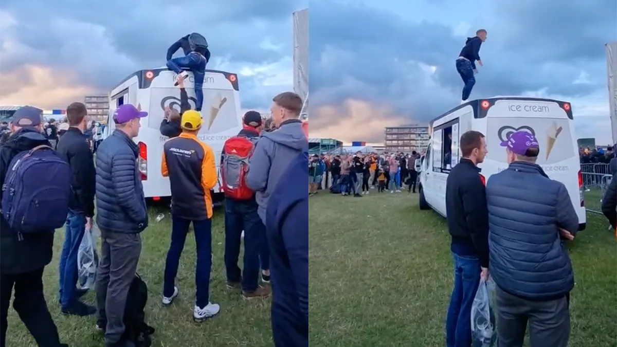Ondertussen op Silverstone: Gast maakt achterwaartse salto van ijscowagen