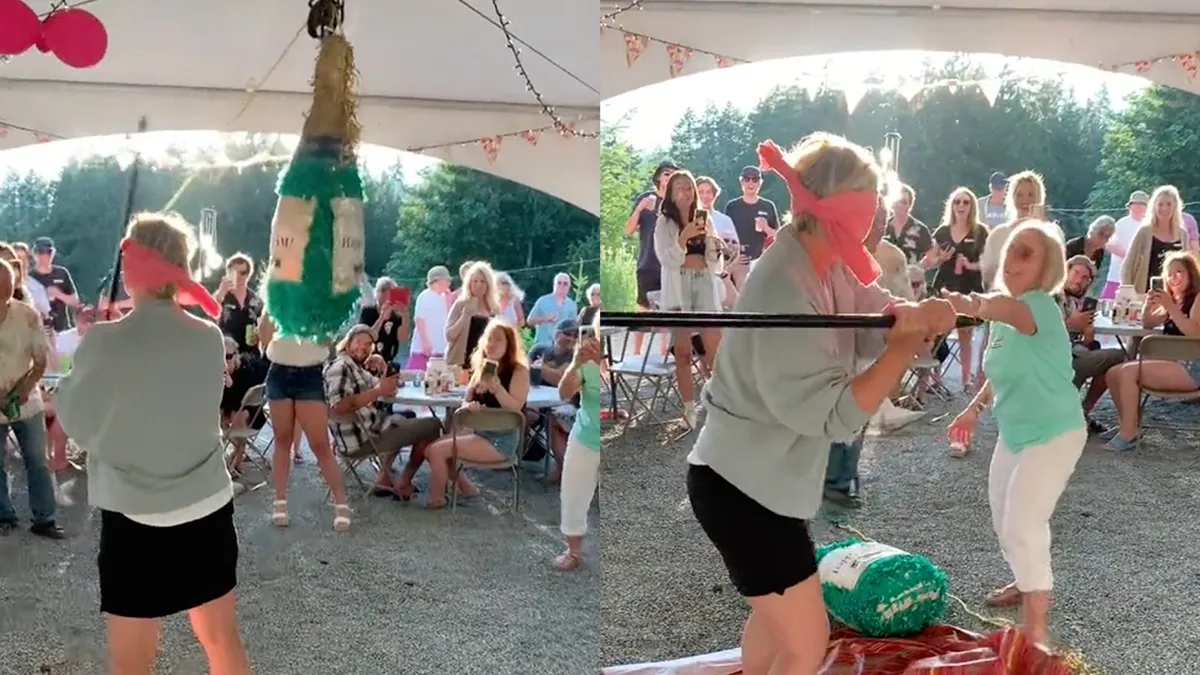 Vrouw slaat Piñata, maar ook ook oudere vrouw op het feestje