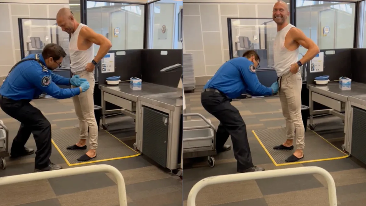 TSA medewerker is wel heel driftig bezig tijdens het fouilleren