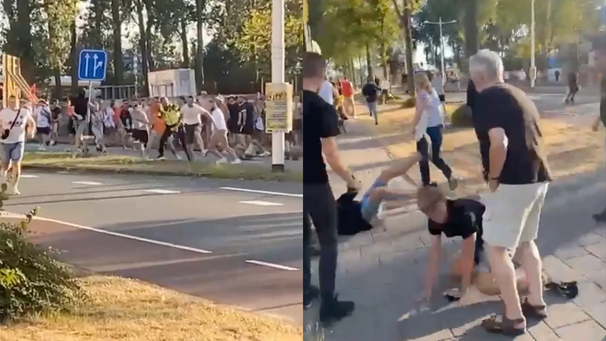 Gezelligheid in Alkmaar: AZ-fans bestormen marcherende Dundee United-fans