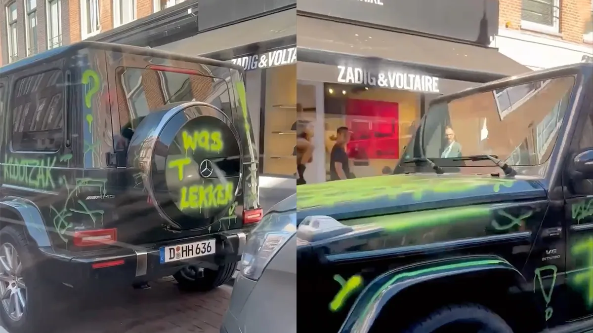 Iemand is boos op vreemdganger en heeft peperdure Mercedes in PC Hoofdstraat beklad met verf