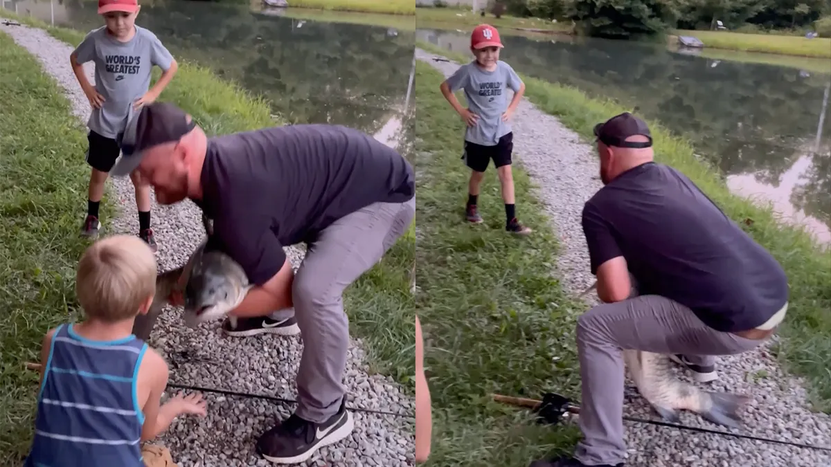 Net gevangen graskarper neemt wraak en deelt pijnlijke tik met staart uit