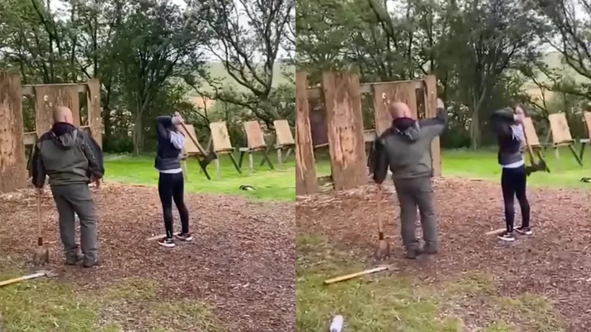 Nieuwe legging en slipje nodig na poging bijl werpen