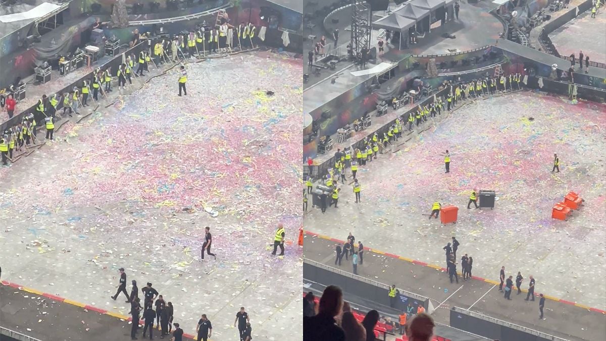 Synchroon schoonmaken van confetti na optreden van Coldplay in Wembley