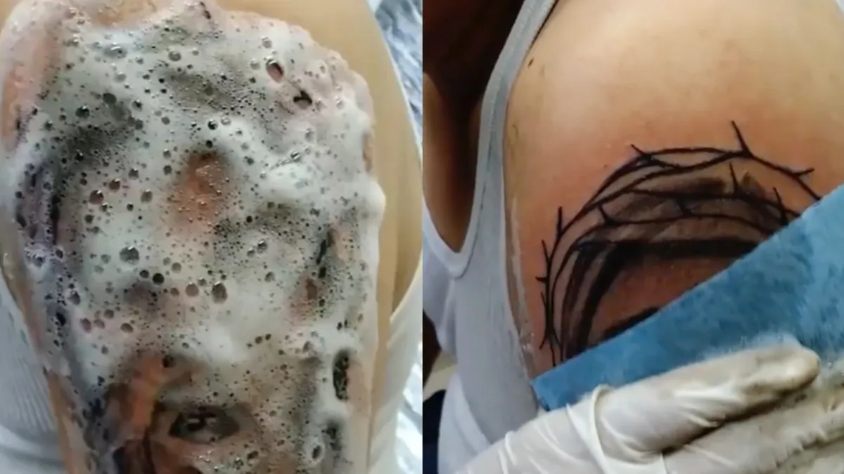 Tattoo van Jezus met een blauwe stuiter