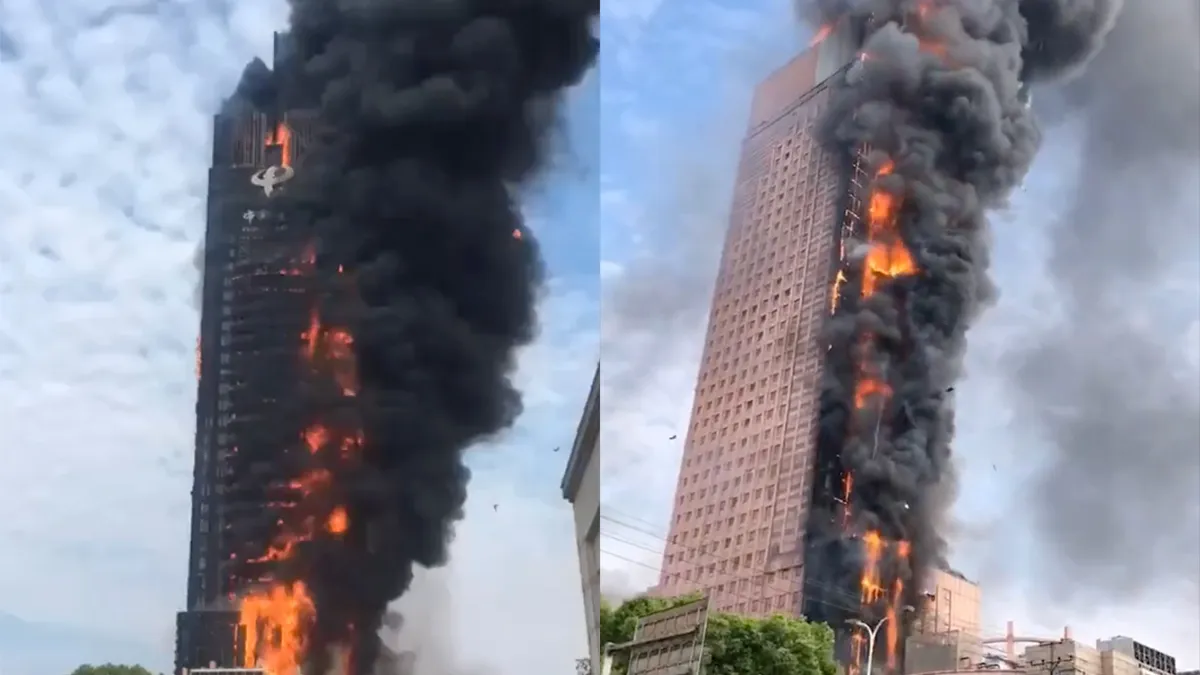 Beelden van 200 meter hoge wolkenkrabber in China die in de fik staat