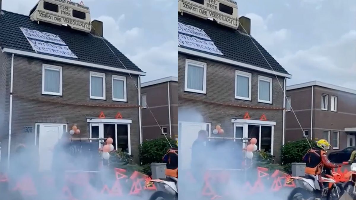 Caravan op dak van huis pasgetrouwd stel in Veldhoven is echt feestje voor de hele buurt