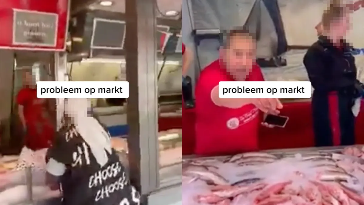 Gezelligheid op de markt: Vrouw en visboer hebben ruzie, vrouw gooit met vis