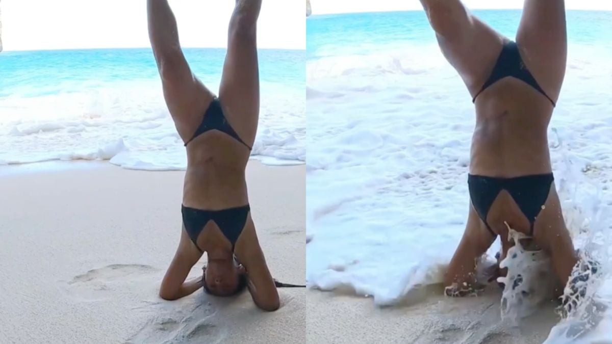 Yoga dame krijgt zoutwater behandeling na handstand